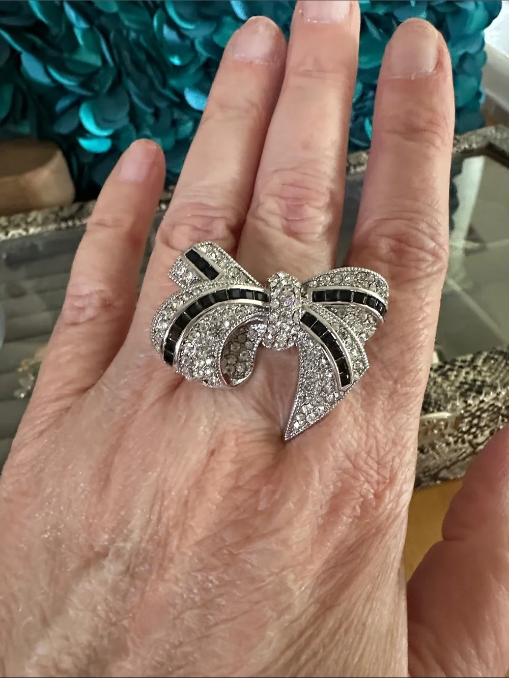 Joan Boyce Silver-Tone Crystal Bow Statement Ring Size 9